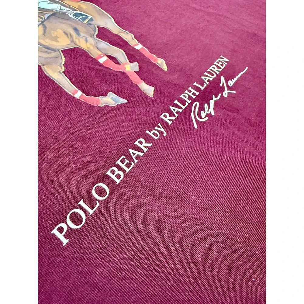 Ralph Lauren Polo Bear Horseback Vintage Single‎ Stitch Burgandy T Shirt Mens XL